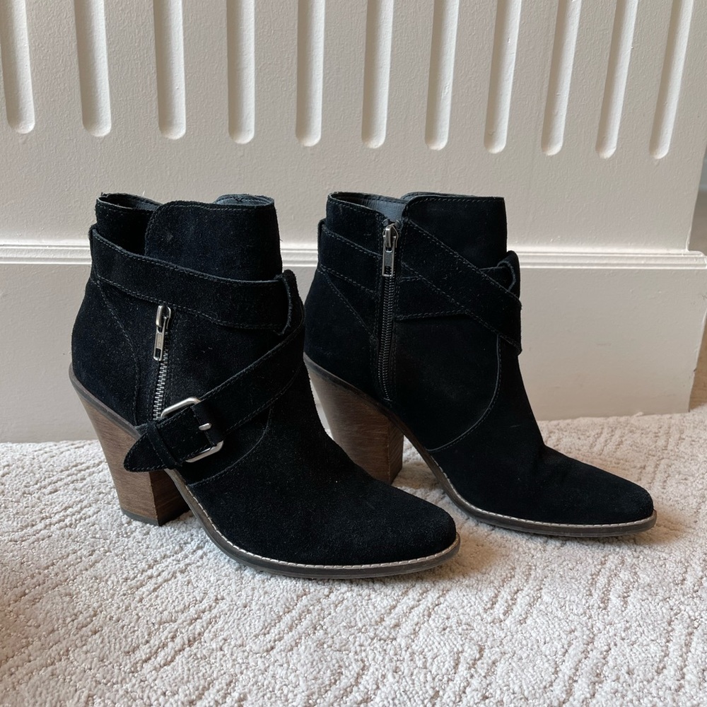 Dolce Vita Black Suede Buckle Heel Ankle Boots